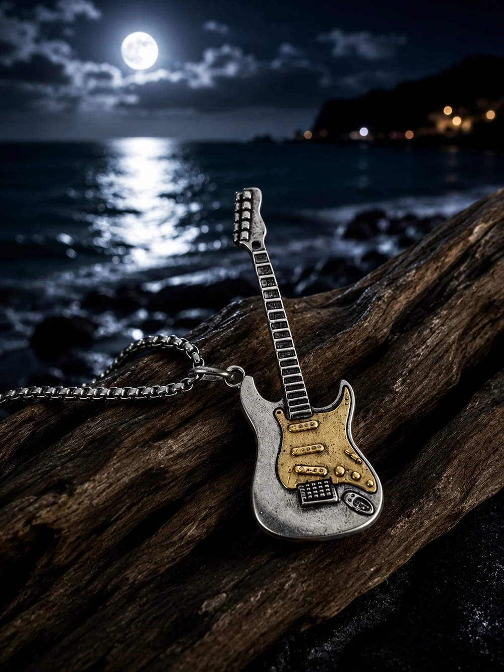 Silver & Gold Guitar Pendant Necklace - Men Accessories Jewelry